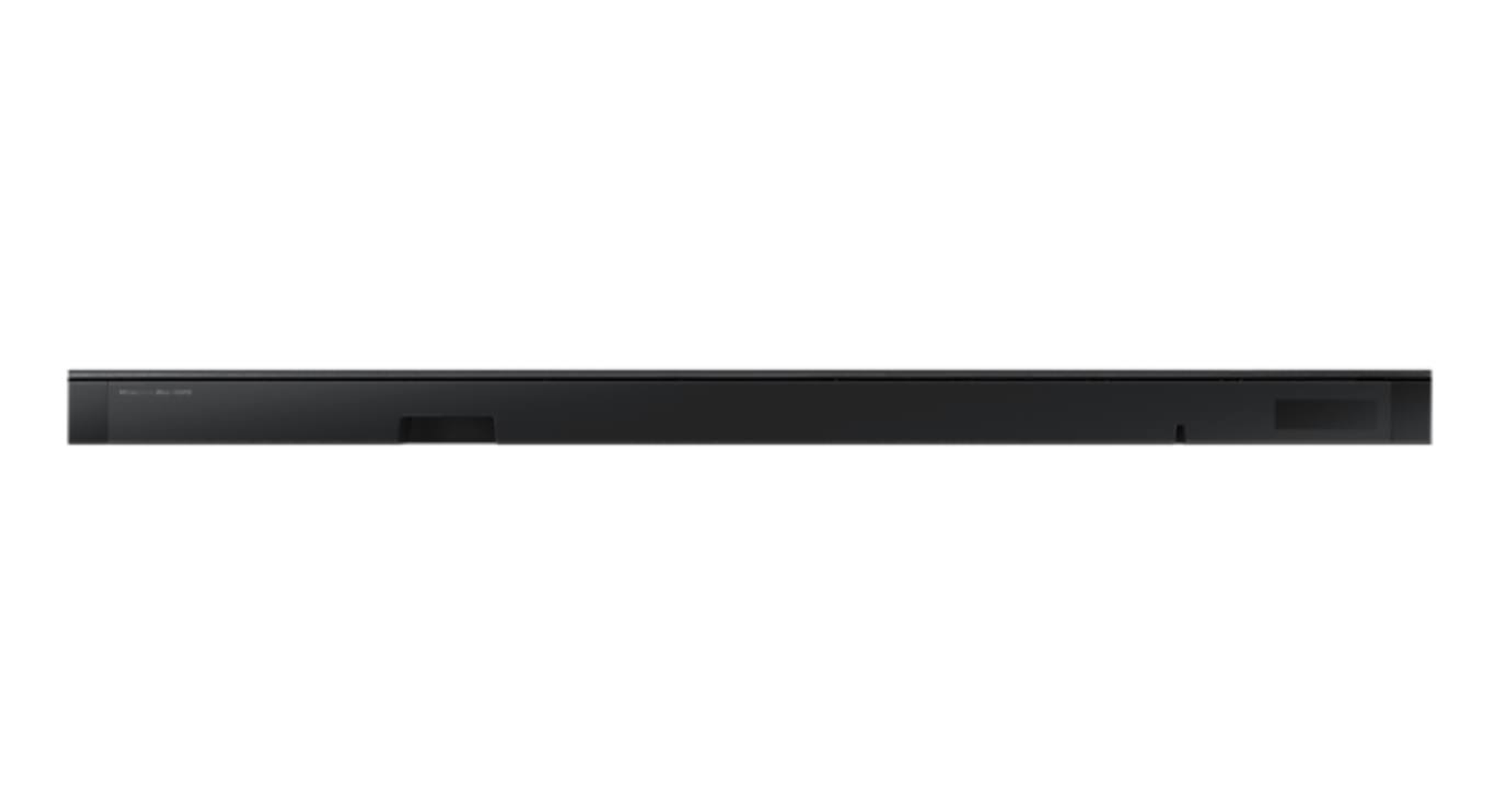 Eine lange, schwarze Soundbar auf weißem Hintergrund. Sie hat ein schlankes, rechteckiges Design.