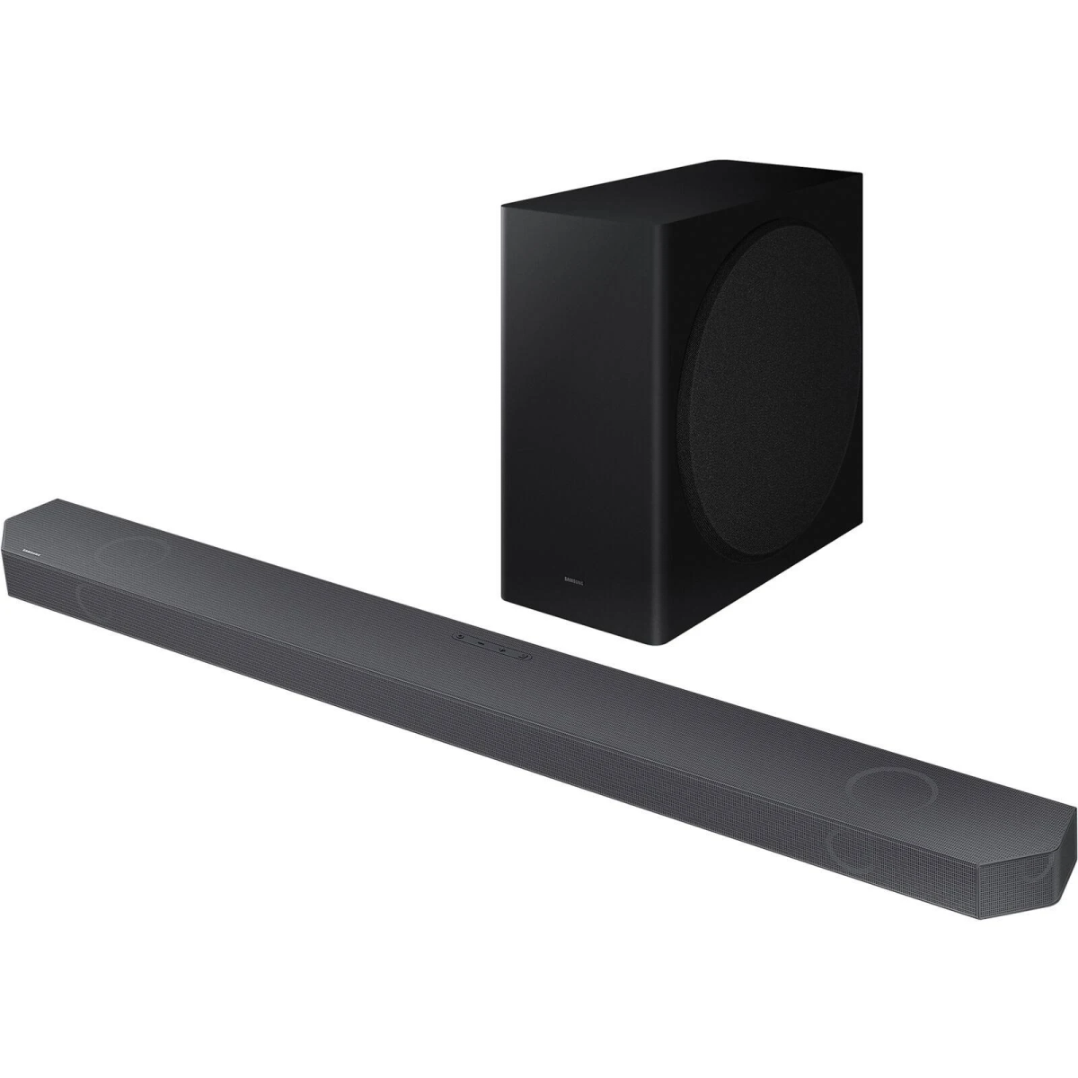 Eine dunkelgraue Soundbar und ein schwarzes Subwoofer-Set auf weißem Hintergrund.