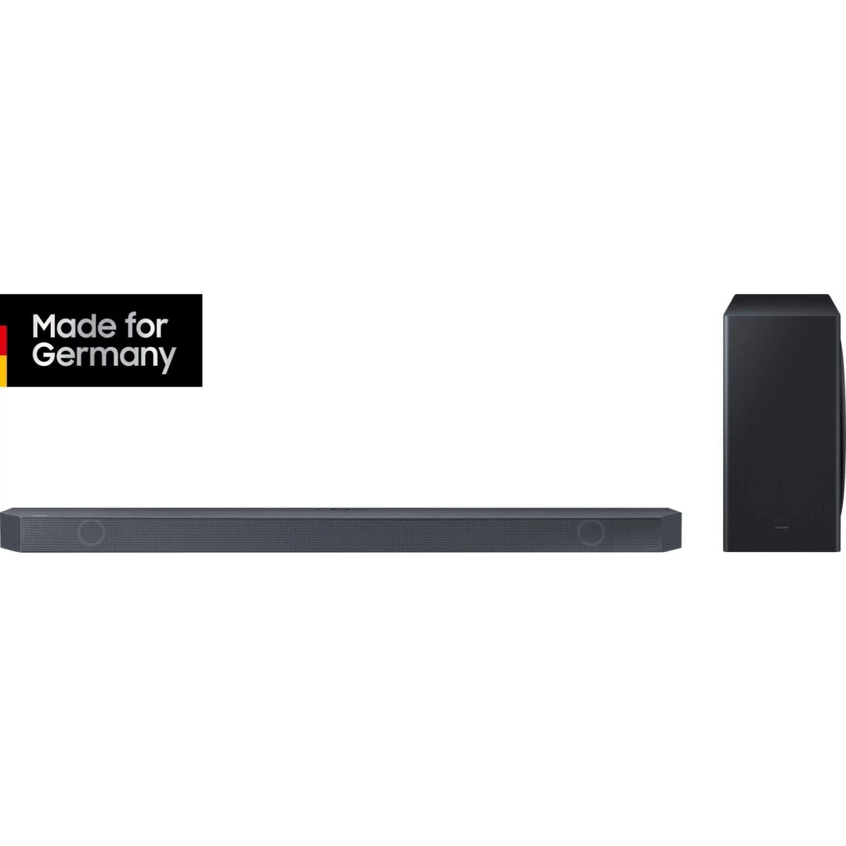 Ein schwarzes Soundbar- und Subwoofer-Set mit dem Label 'Made for Germany' auf weißem Hintergrund.