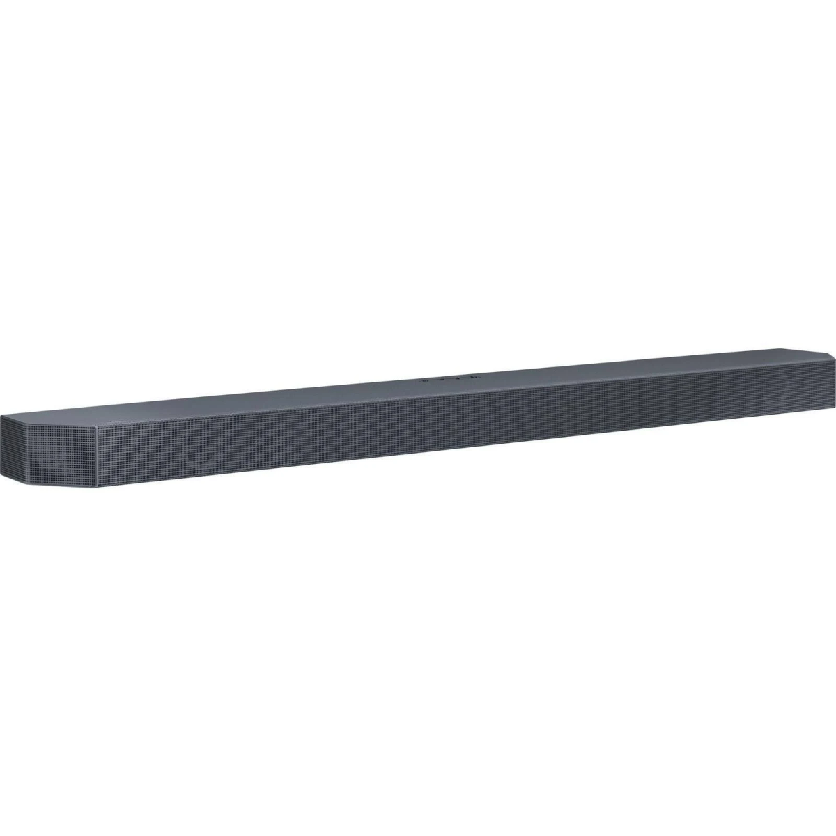 Eine dunkelgraue Soundbar auf weißem Hintergrund.