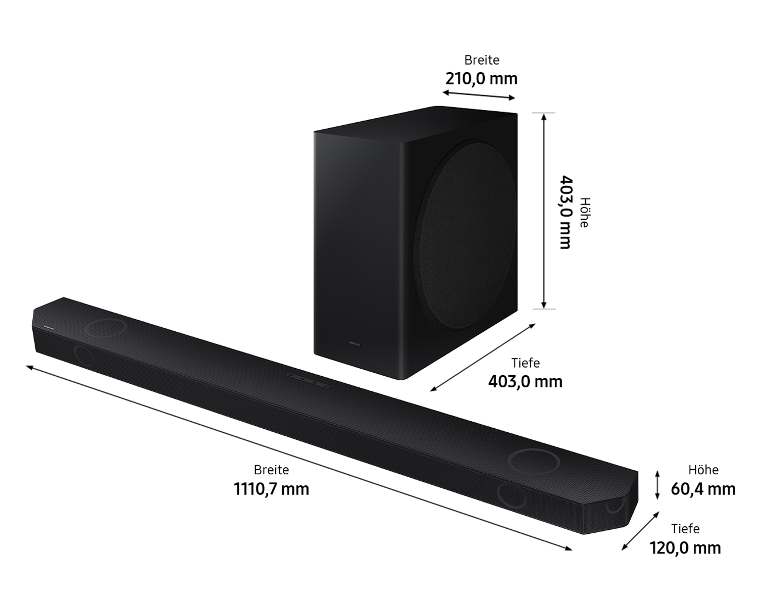 Schwarze Soundbar und Subwoofer mit Maßangaben, weißer Hintergrund.