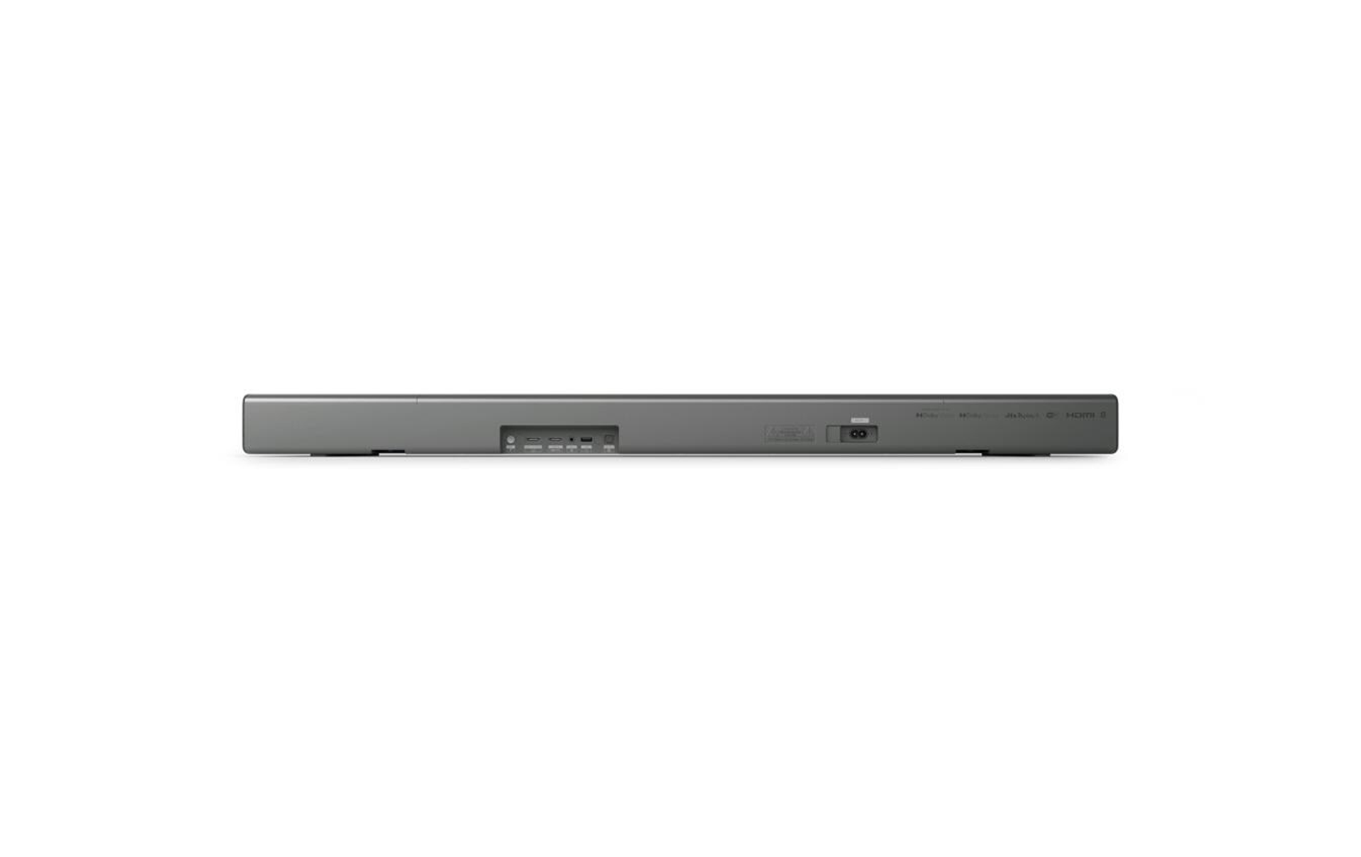 Rückseite einer grauen Soundbar mit verschiedenen Anschlüssen. Steht auf weißem Untergrund.