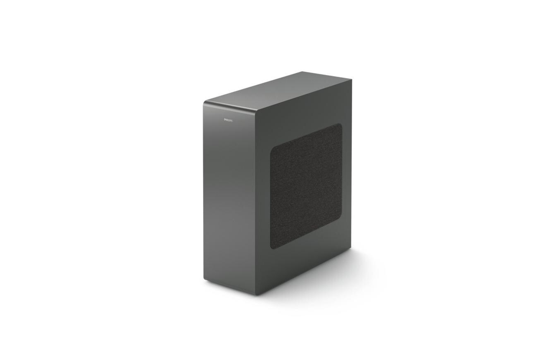 Dunkelgrauer Subwoofer mit einer Gitterfront. Einfaches, rechteckiges Design. Weißer Hintergrund.