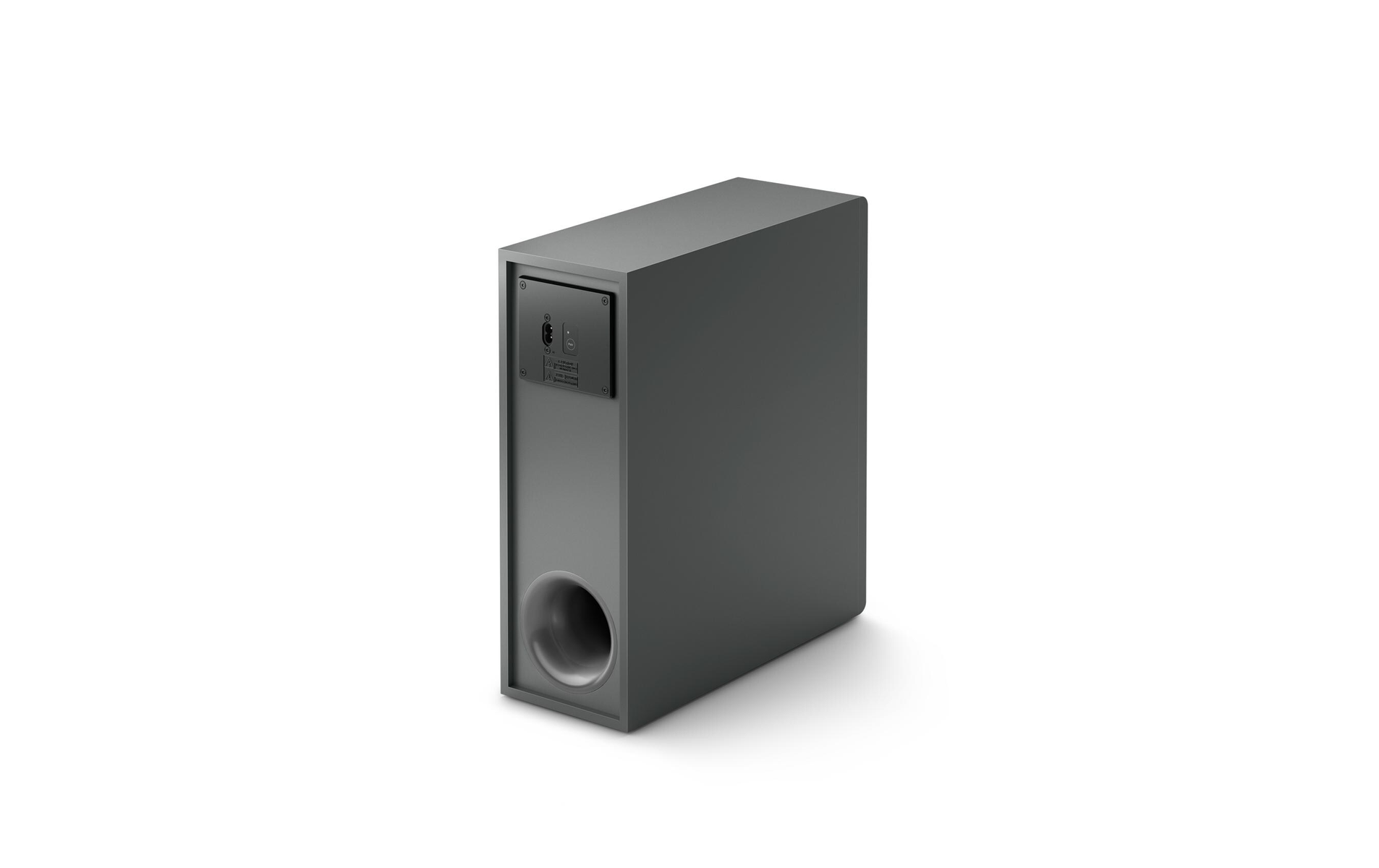 Ein grauer, rechteckiger Subwoofer mit kreisförmiger Öffnung und Anschlussfeld.