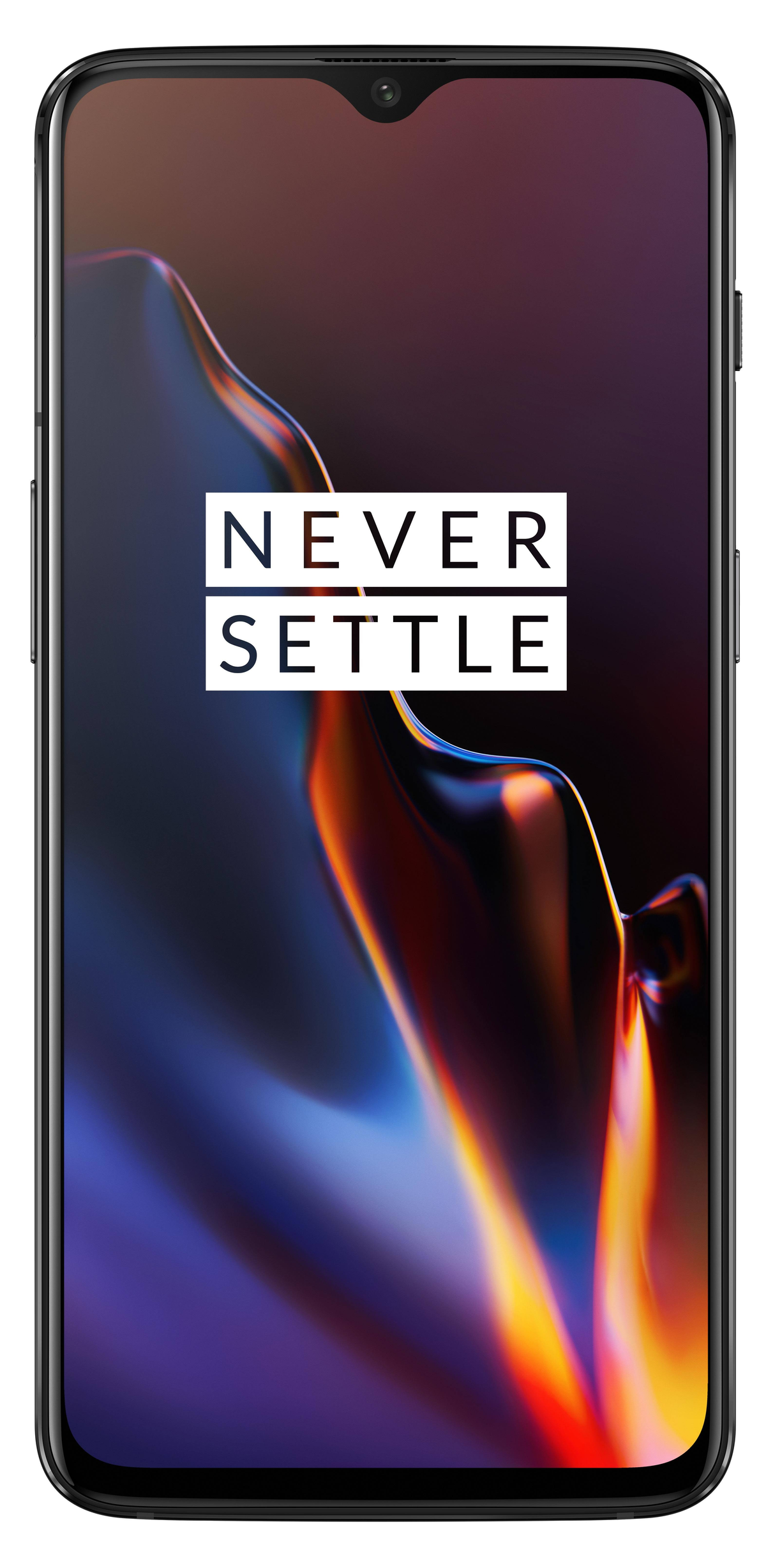 Een smartphone met de woorden NEVER SETTLE op het scherm.