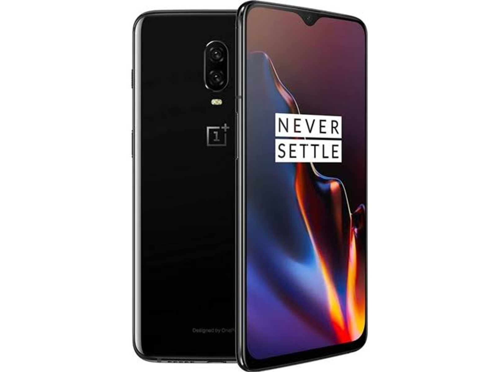Een zwarte smartphone met de achterkant en zijkant naar de kijker gericht, met het merk.