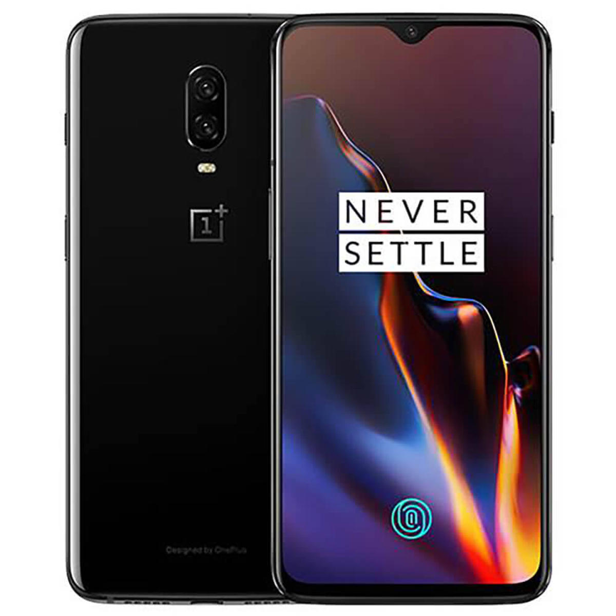 Zwarte smartphone met dubbele camera's en een scherm met een kleurrijke afbeelding. De telefoon staat aan.
