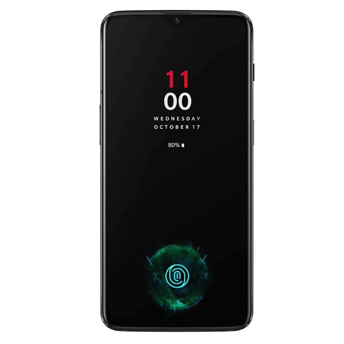 Een zwarte smartphone toont tijd, batterij en een vingerafdrukpictogram. Het scherm is zwart.