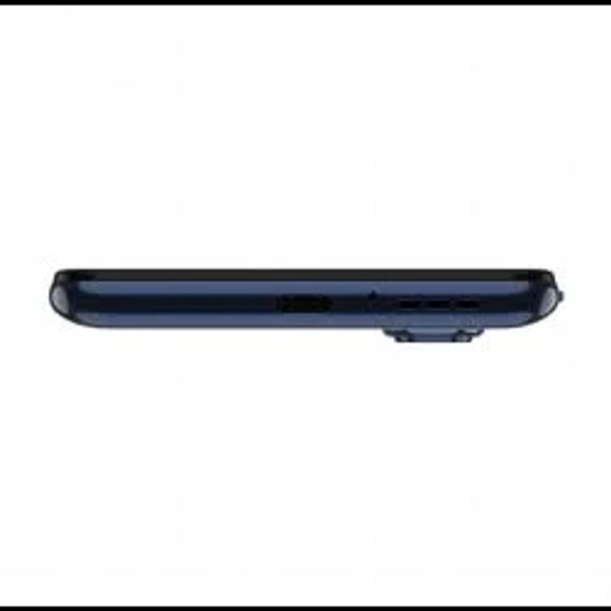 Een zijaanzicht van een donkerblauwe telefoon, met een camerabult en poorten.