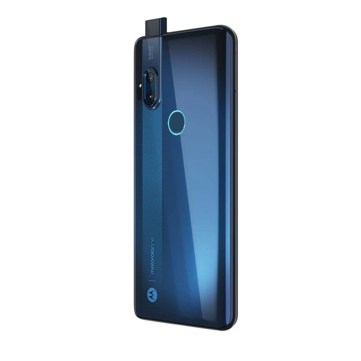 Blauwe en zwarte Motorola-telefoon. Beschikt over een pop-up camera en een vingerafdruksensor aan de achterkant.
