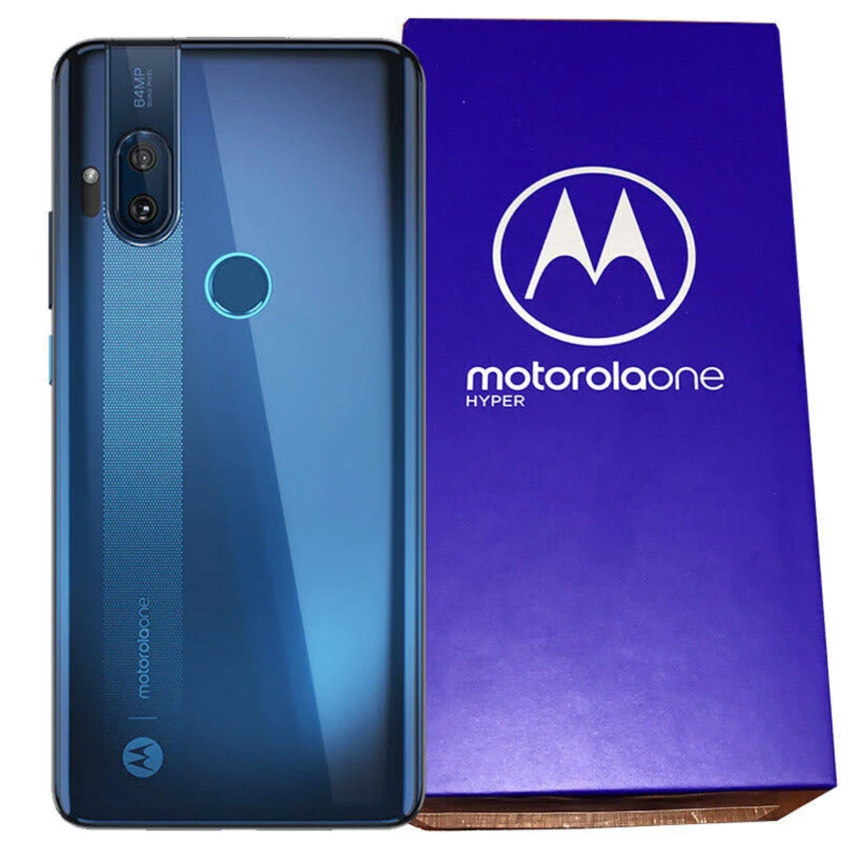 Motorola telefoon, blauwe gradiënt achterkant, naast doos met Motorola logo. Camera.