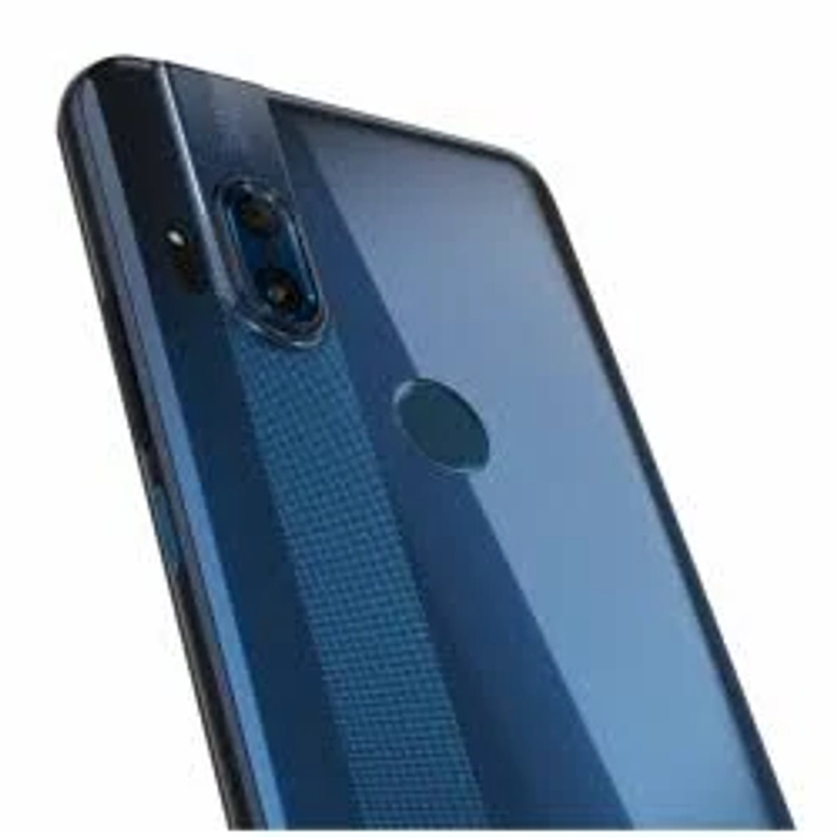 De achterkant van een donkerblauwe telefoon met dubbele camera's en een vingerafdruksensor.