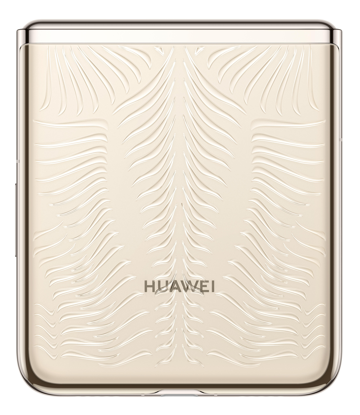 Goldfarbenes Huawei Falt-Telefon mit detailliertem Muster auf der Rückseite.