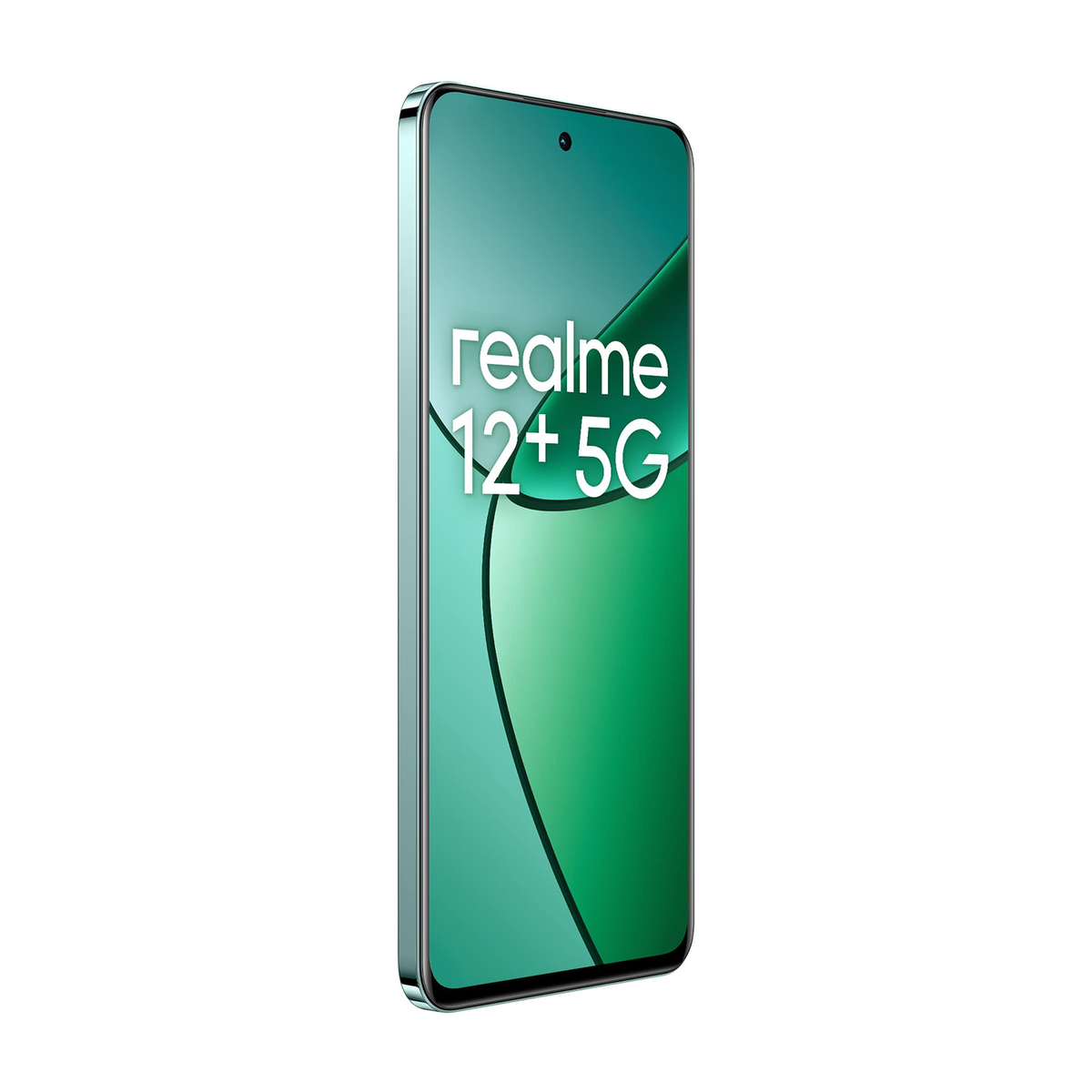 Telefono verde Realme 12+ 5G su sfondo bianco. Il telefono è a destra.