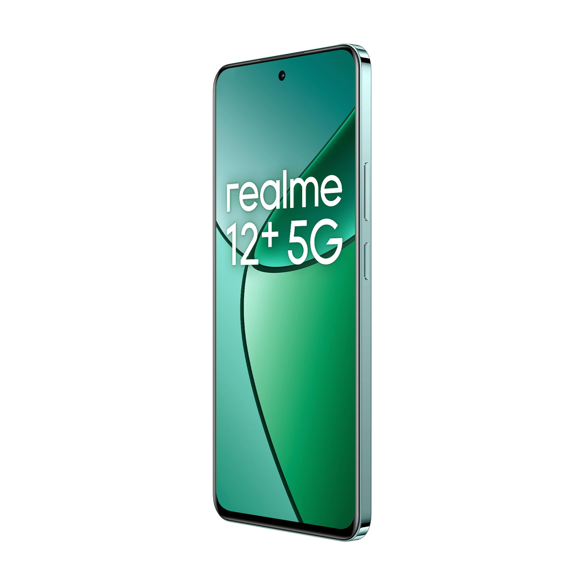 Uno smartphone turchese con il logo realme 12+ 5G è mostrato su sfondo bianco.
