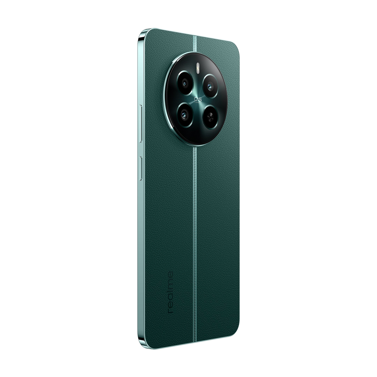Un retro di telefono Realme verde acqua con quattro lenti della fotocamera in un cerchio e il marchio in basso.