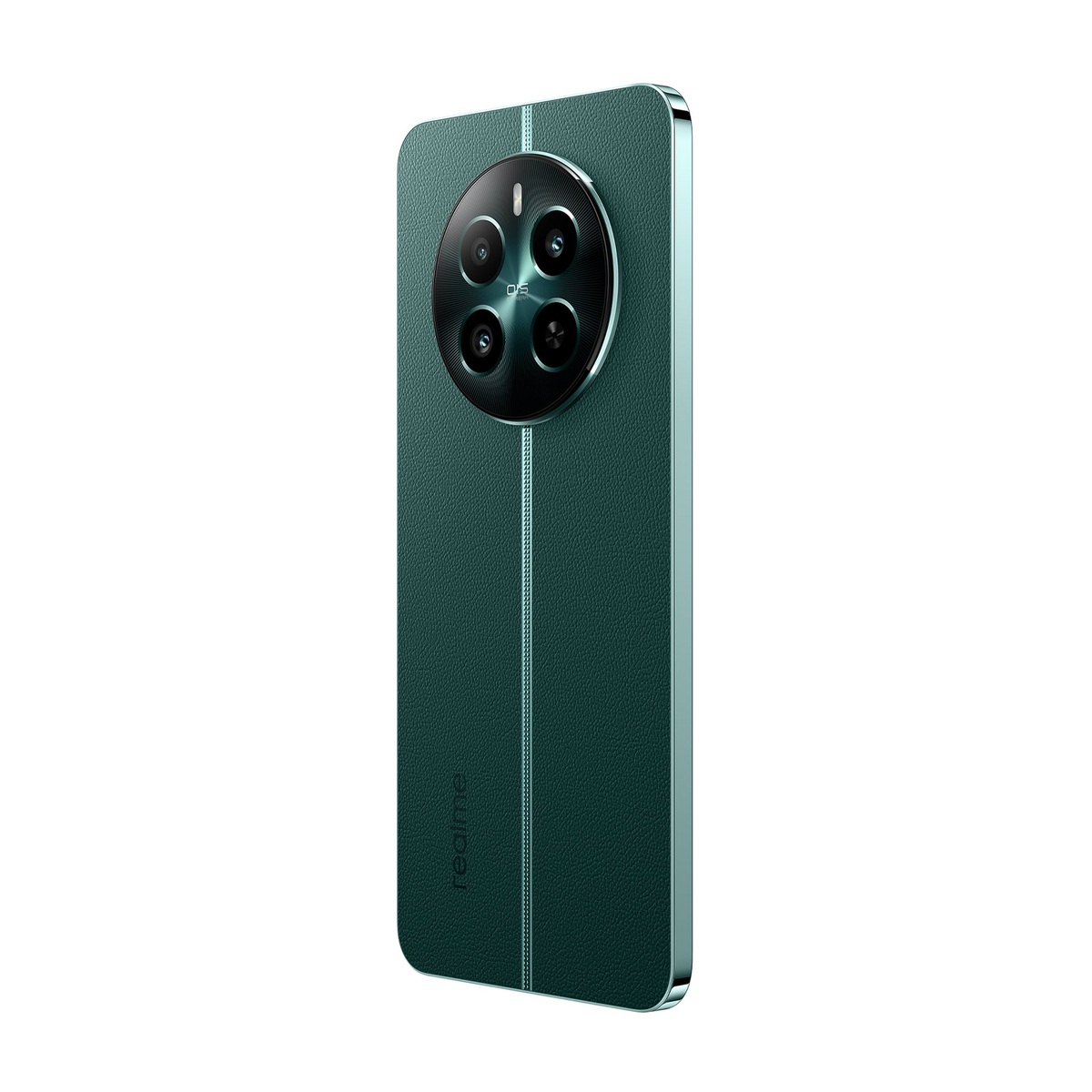 Un telefono Realme verde acqua con un ampio modulo fotocamera sul retro e una trama in pelle verde.