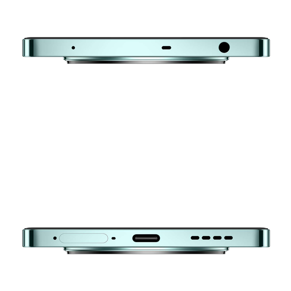 Primo piano della parte superiore e inferiore di uno smartphone verde acqua, che mostra porte e funzionalità.