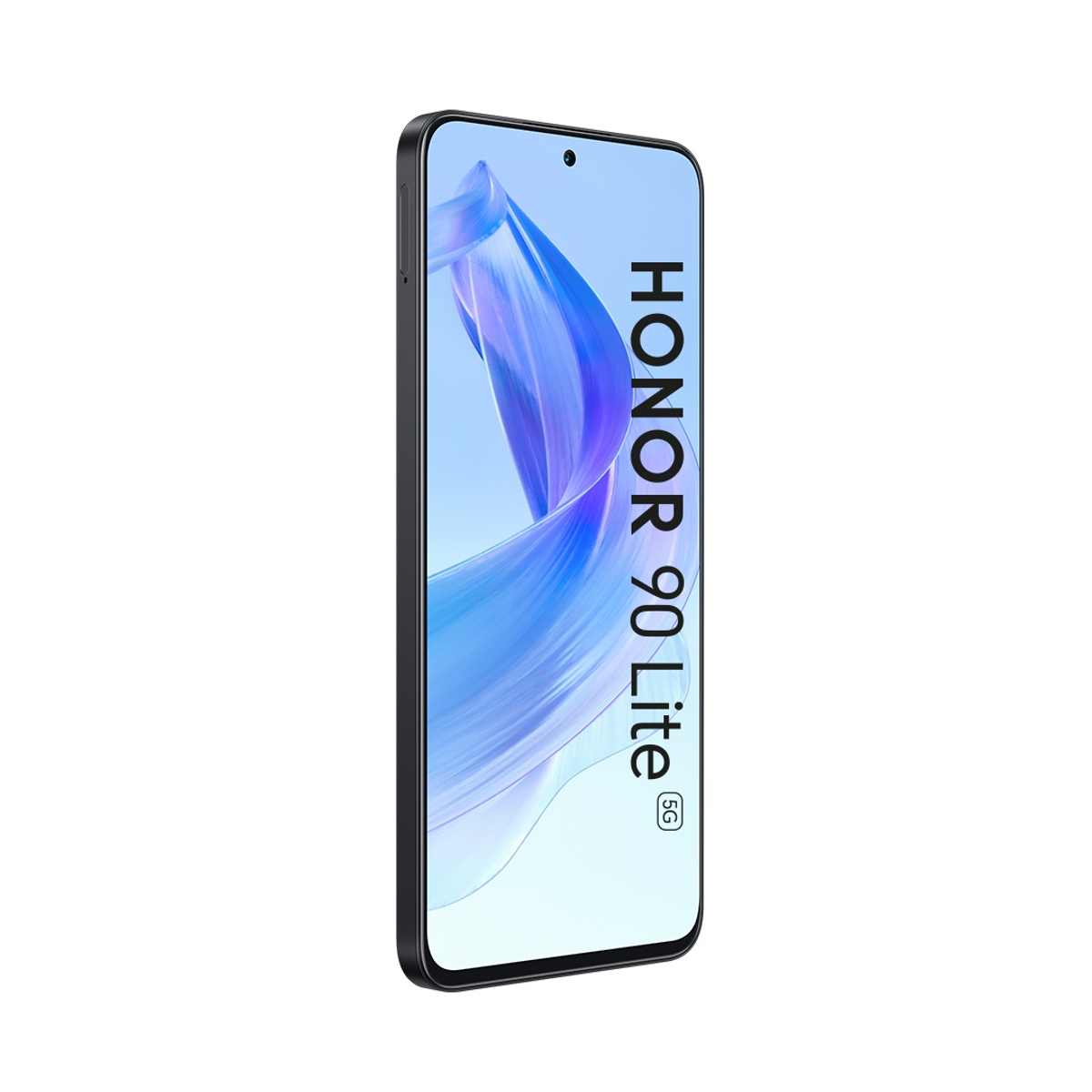 Telefono HONOR 90 Lite 5G in nero. Lo schermo del telefono mostra uno sfondo sfumato blu.
