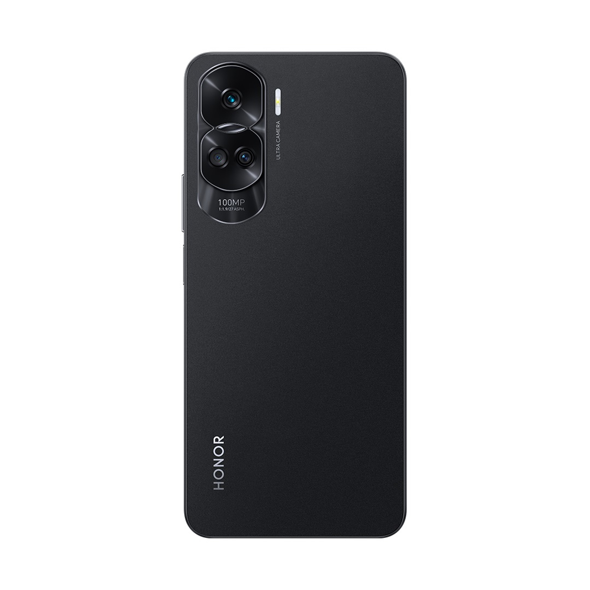 Telefono nero, vista posteriore. Il telefono ha una fotocamera e il marchio HONOR.