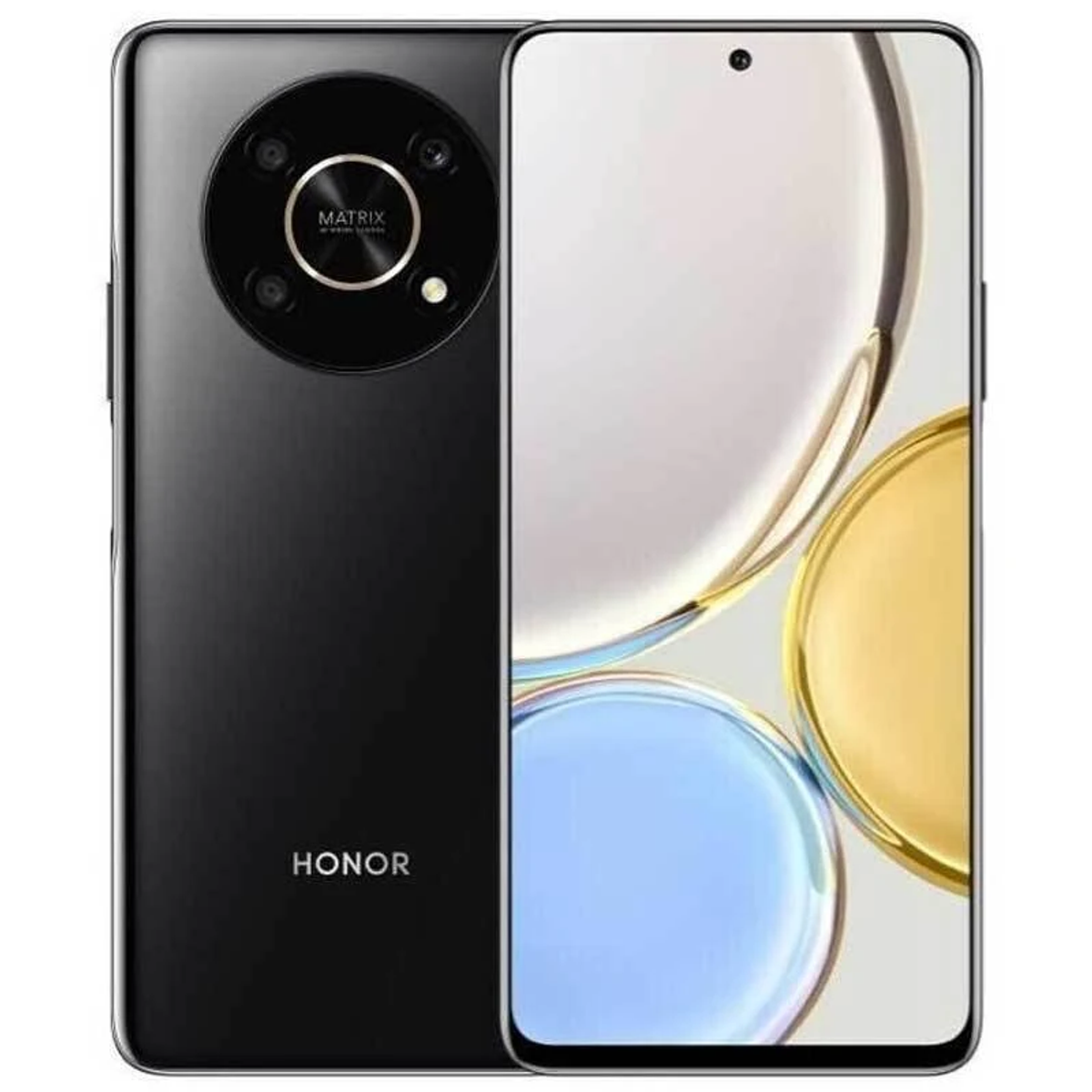 Czarny telefon HONOR z zestawem aparatów. Widoczny jest tył i ekran telefonu.