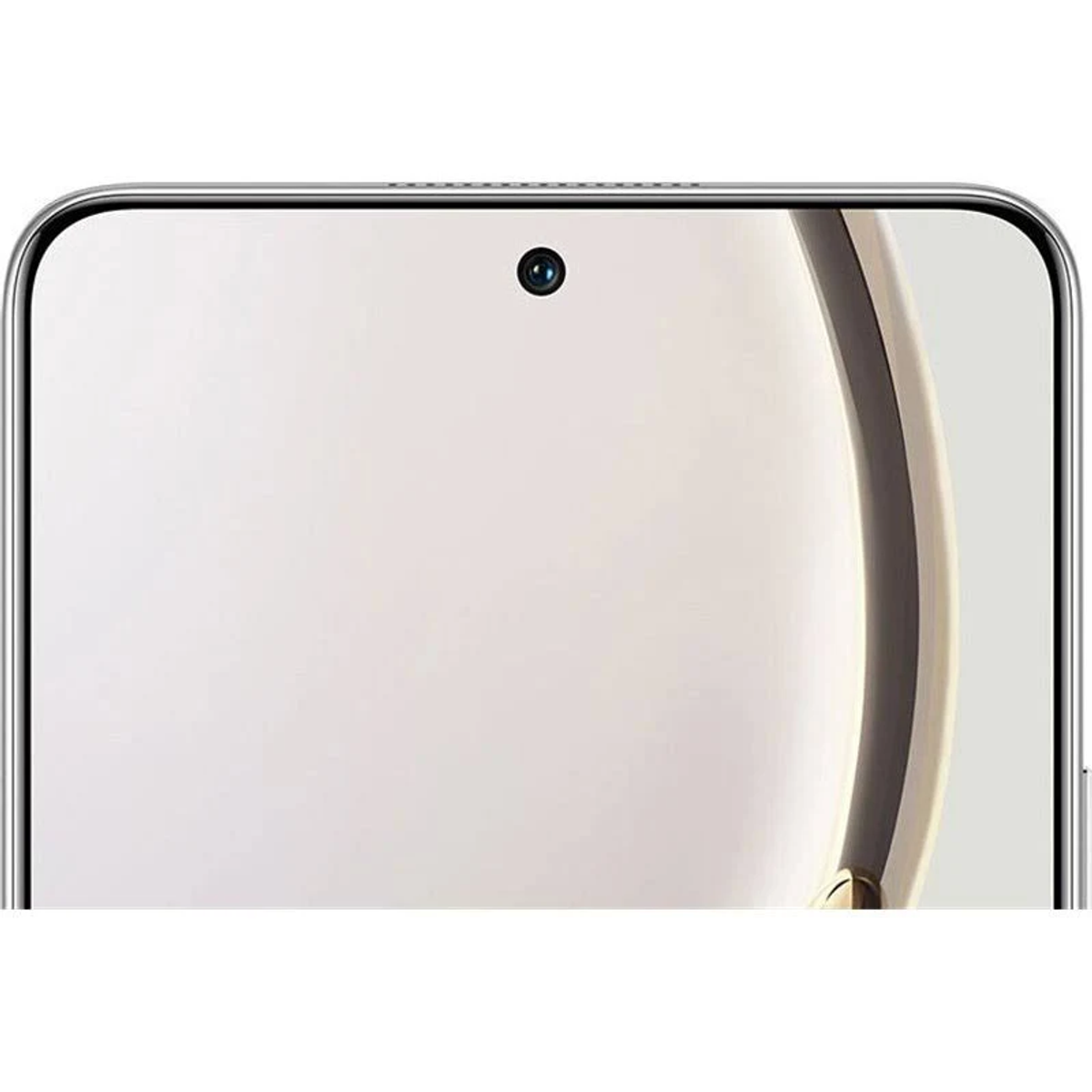 Ekran smartfona z przednim aparatem na górze pośrodku, srebrną ramką i złotymi akcentami.