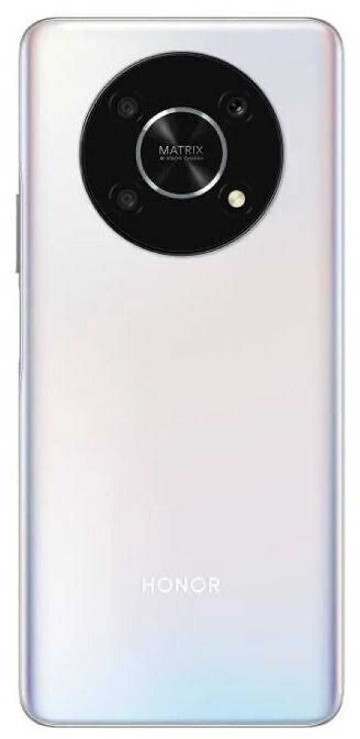 Tył białego telefonu z okrągłą matrycą aparatu. Widoczne słowo HONOR. Białe tło.