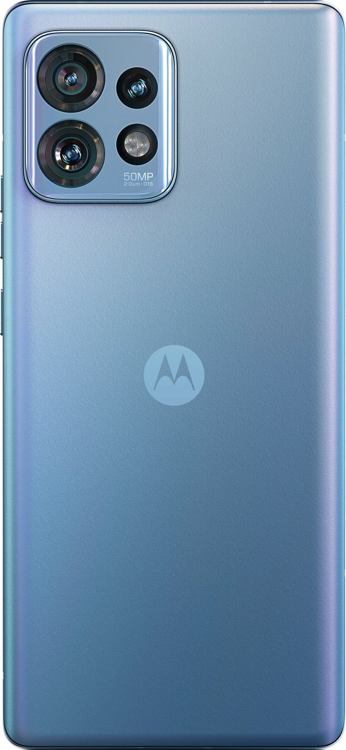 Niebieski telefon gradientowy z wieloma tylnymi aparatami i logo Motorola.