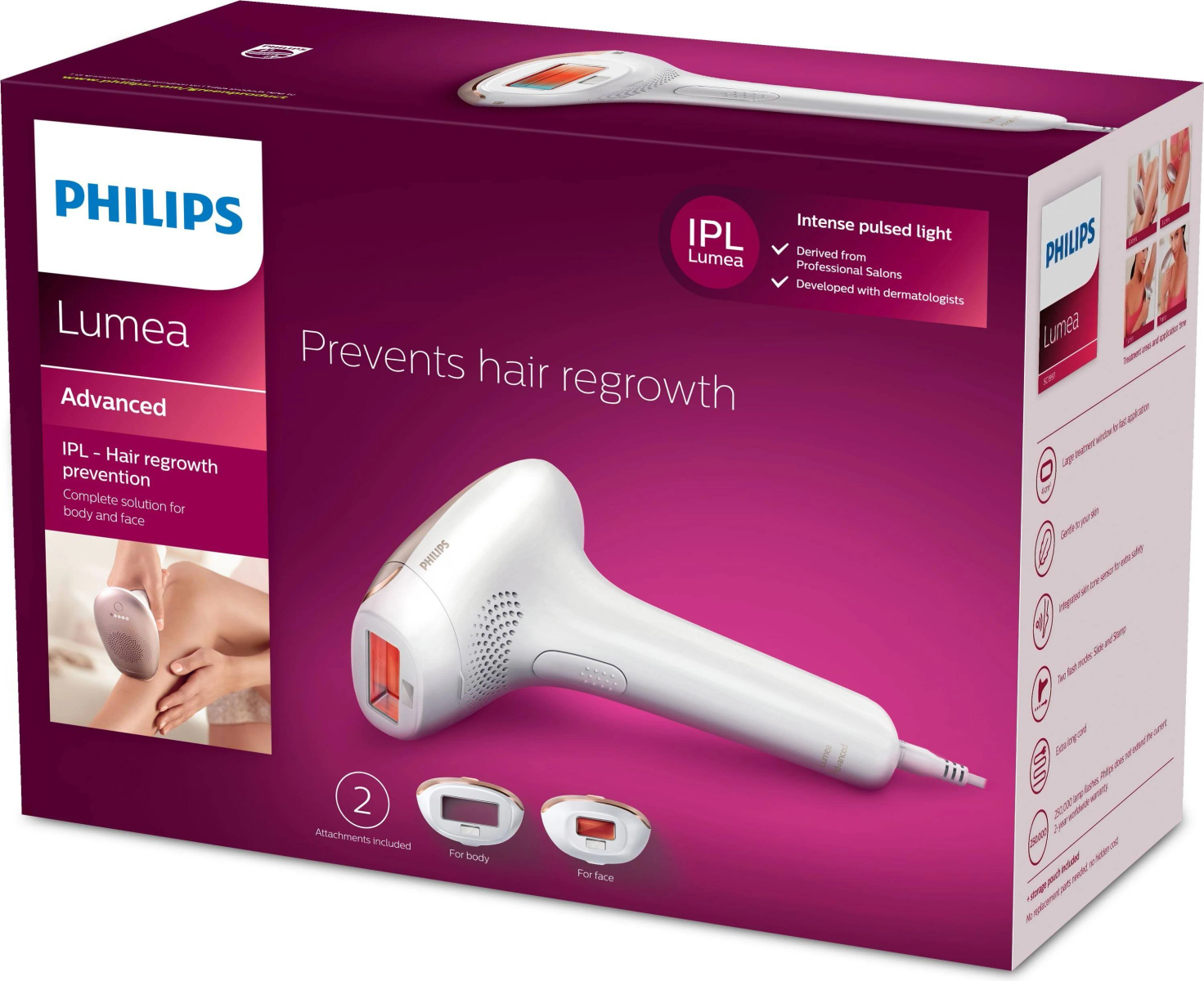 Philips Lumea Advanced IPL Haarentfernungsgerät in einer Box, mit Aufsätzen.