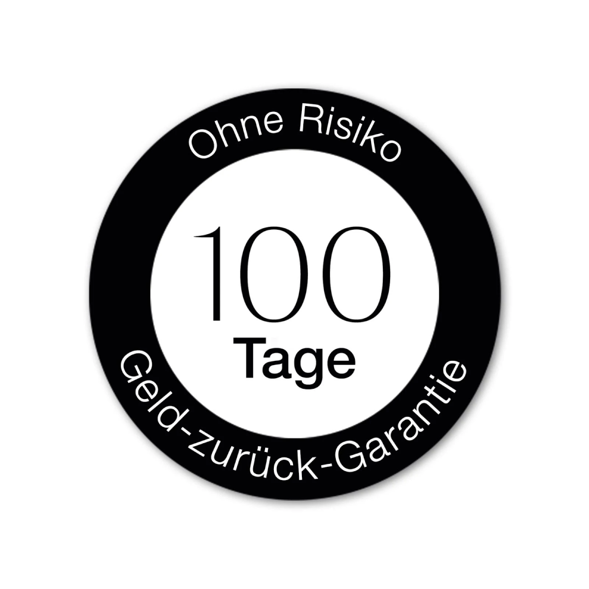 Czarno-białe koło z napisem "Ohne Risiko" nad "100 Tage" i "Geld-zurück-Garantie" pod spodem.