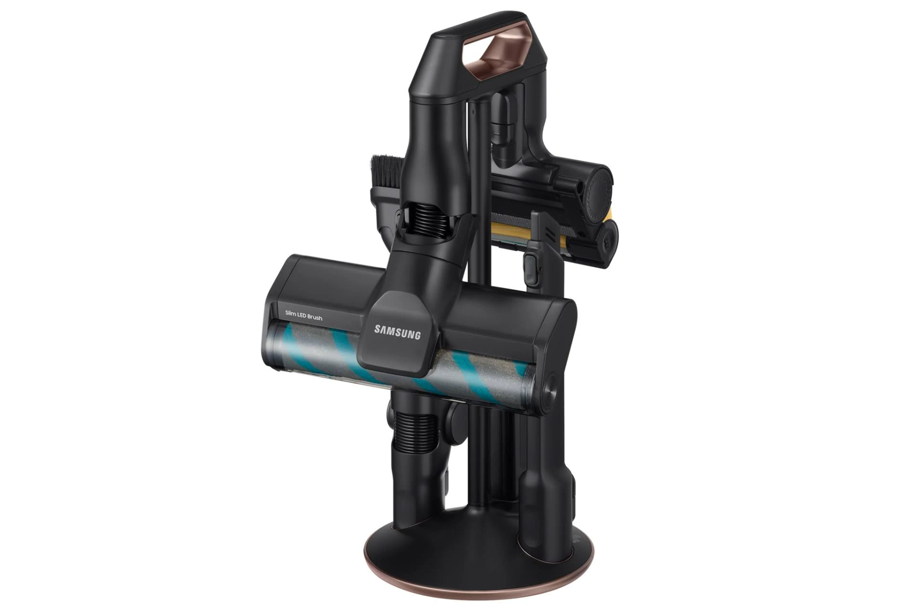 A black and copper Samsung vacuum cleaner. Several attachments are attached to the device.