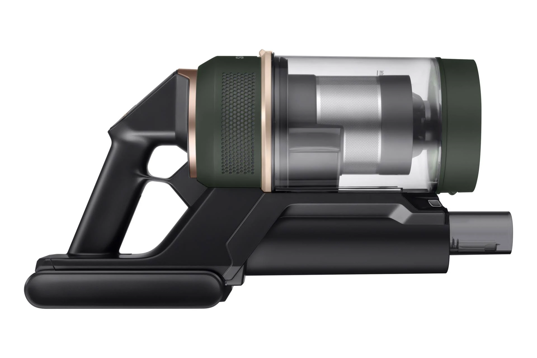 Black and green cordless vacuum cleaner. White background.