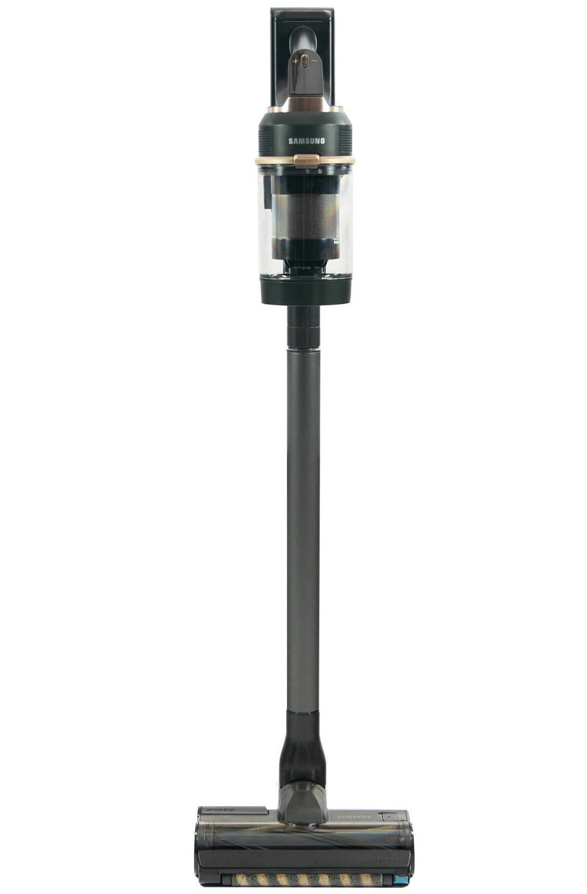 A vertical Samsung cordless vacuum cleaner in black and bronze tones.