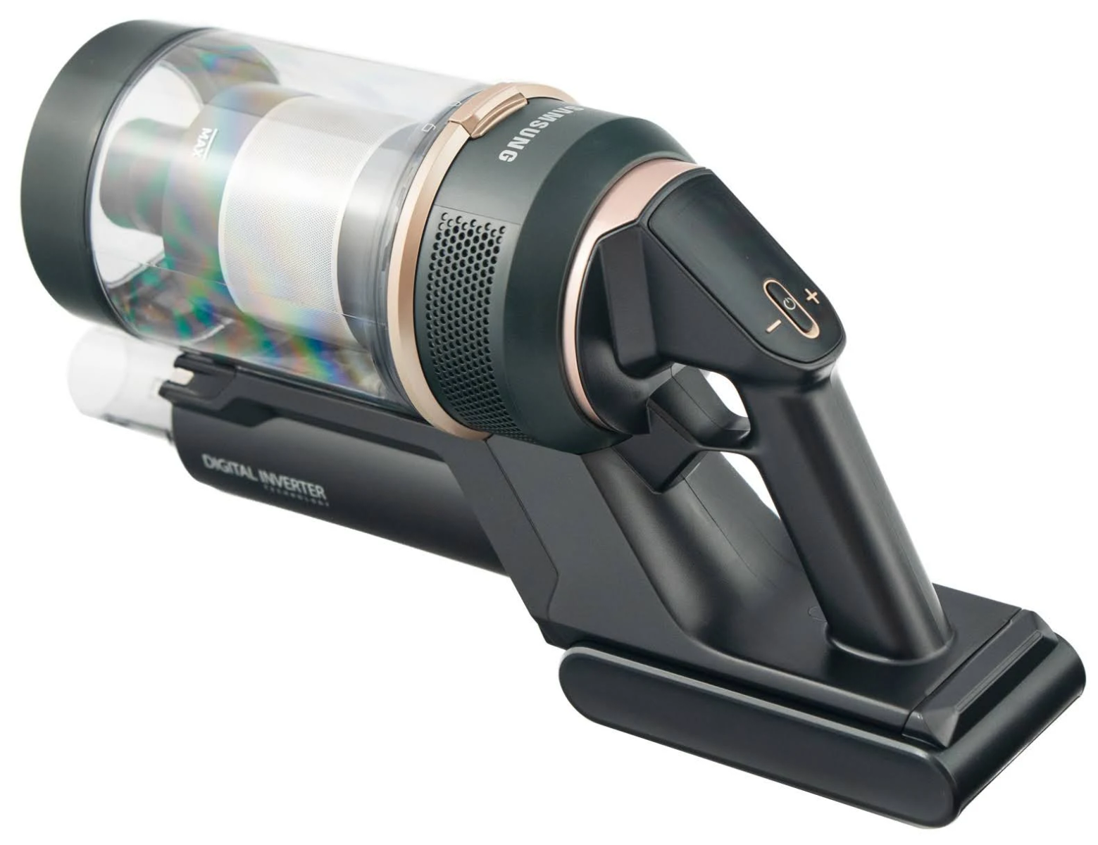 A black and rose gold Samsung cordless vacuum cleaner and charging stand.