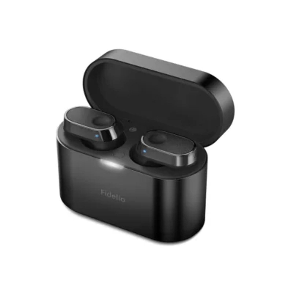 Auriculares inalámbricos negros en su estuche de carga.