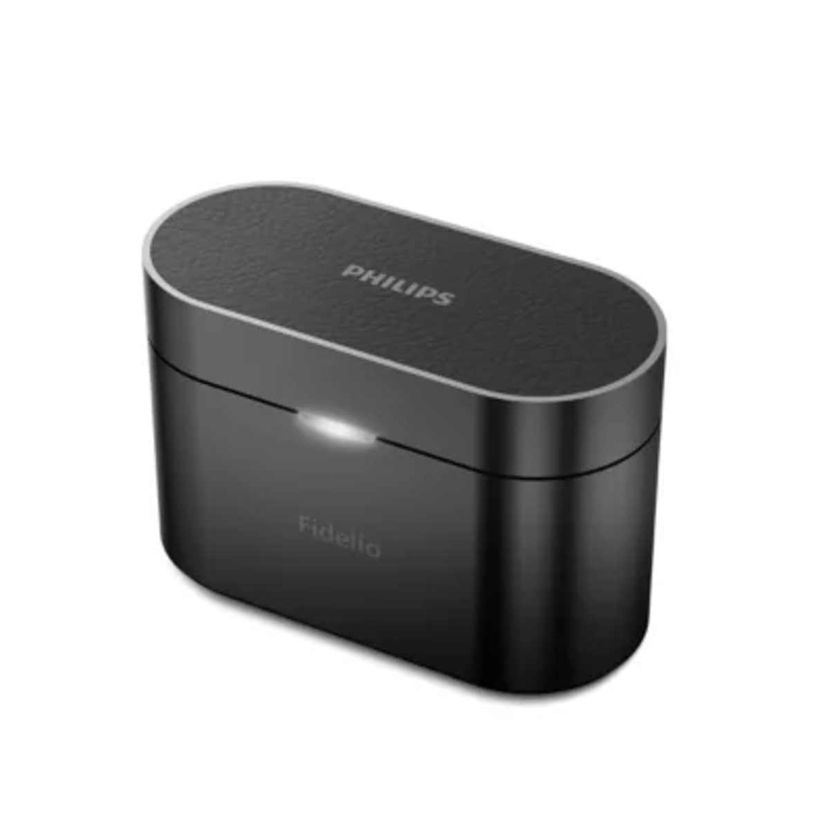 Un estuche de carga negro para auriculares inalámbricos Philips Fidelio, con un LED blanco.