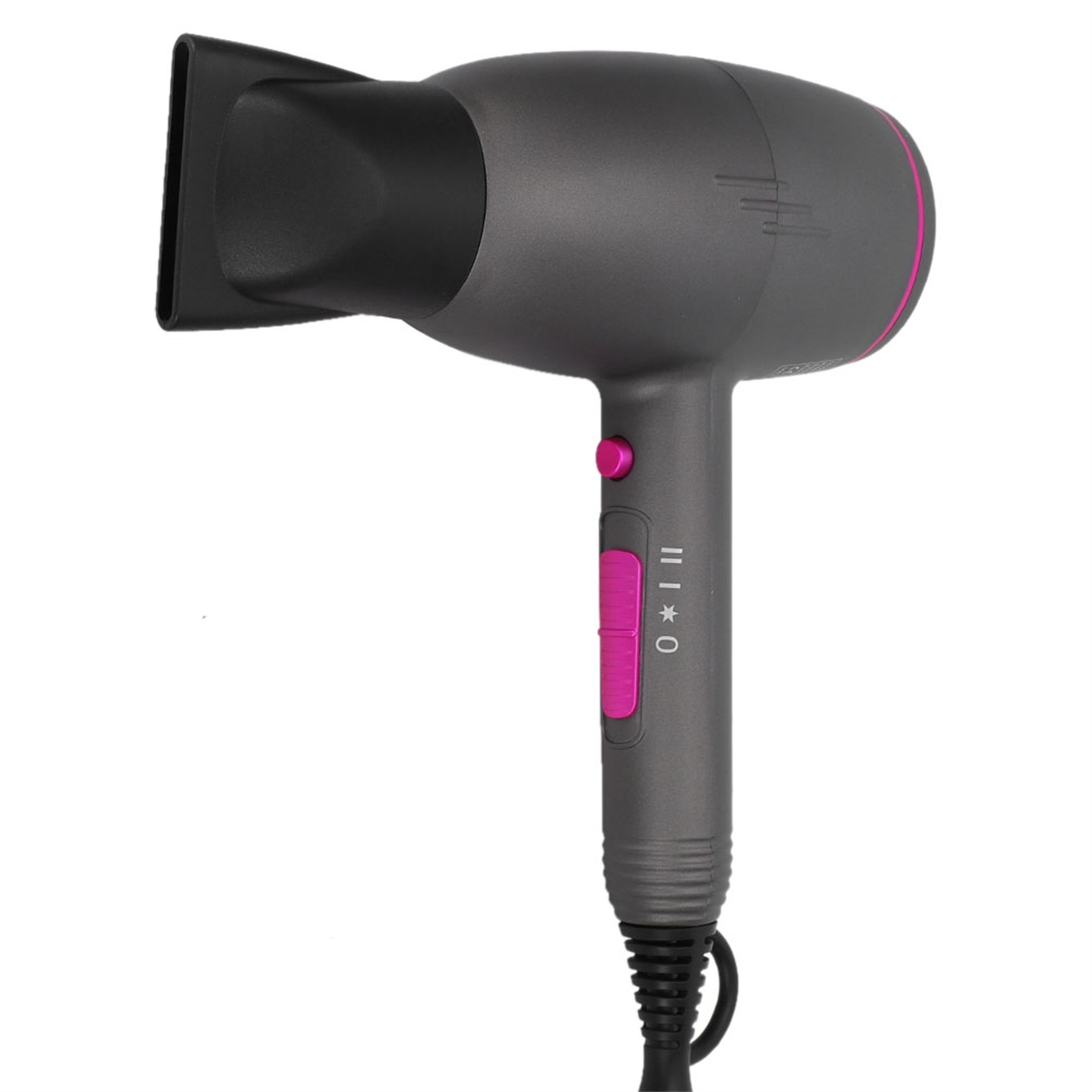 Grauer Haartrockner mit rosa Akzenten, schwarzem Kabel, auf weißem Hintergrund.