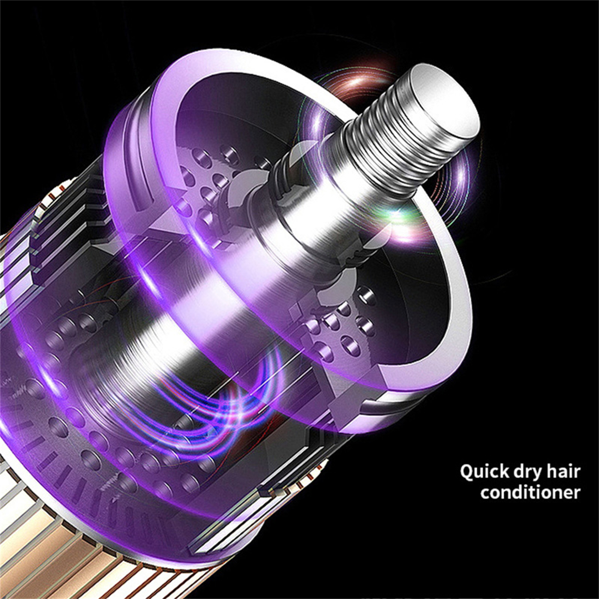 Nahaufnahme der inneren Komponenten eines Haartrockners. Die Komponenten sind metallisch und in einer lila Hülle eingeschlossen.