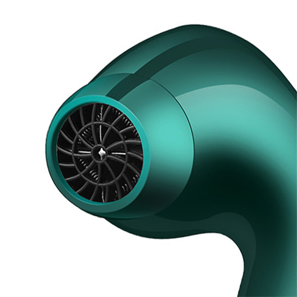 Ein türkis-farbener Föhnhals mit einem schwarzen Ventilator. Der Föhn hat ein gekrümmtes Design.