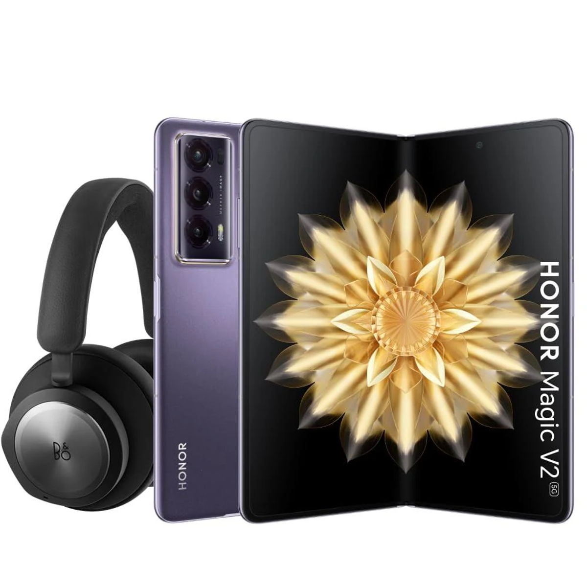 HONOR Magic V2 Telefon offen, Kopfhörer, alles auf weißem Hintergrund.