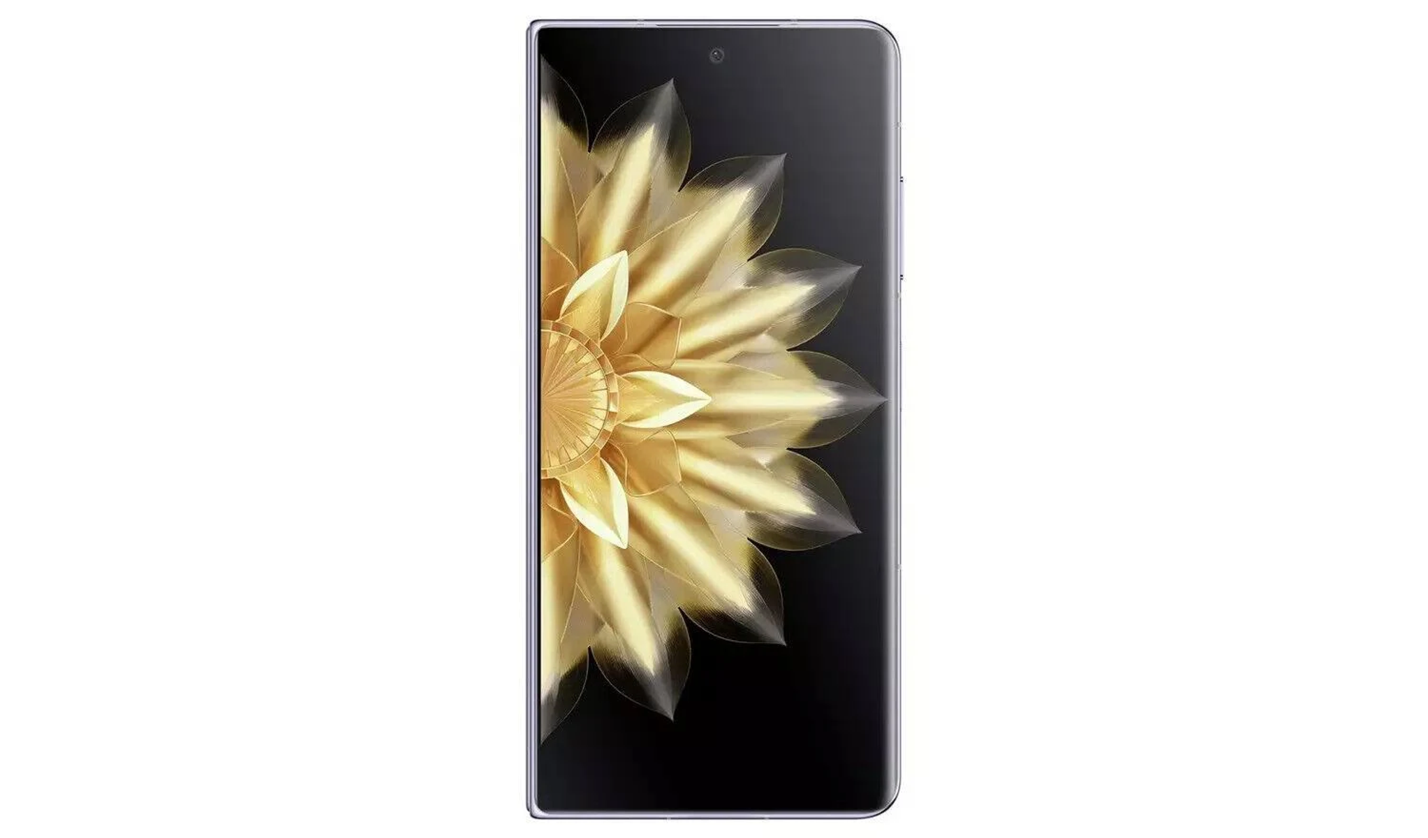 Smartphone mit goldenem Blumendesign auf schwarzem Display. Das Telefon steht auf weißem Hintergrund.