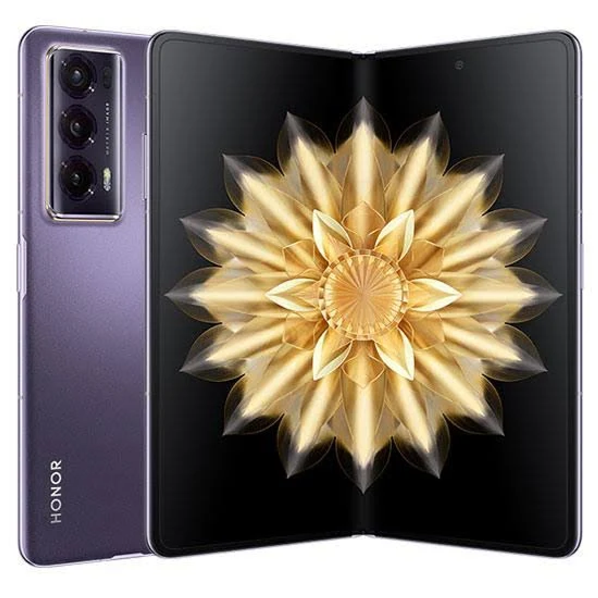 Lila HONOR-Telefon, aufgeklappt, zeigt goldenes Blumendesign auf schwarzem Bildschirm.