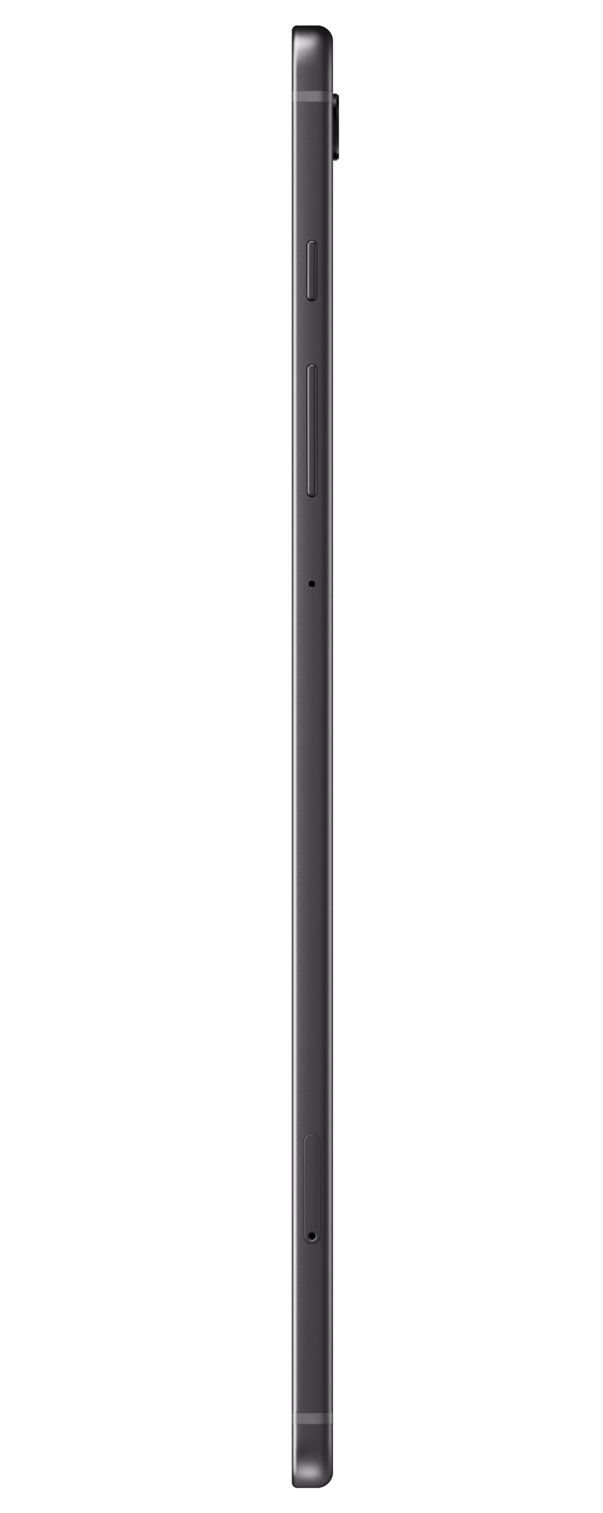 Seitenansicht eines dunkelgrauen Smartphones mit Knöpfen und Anschlüssen.