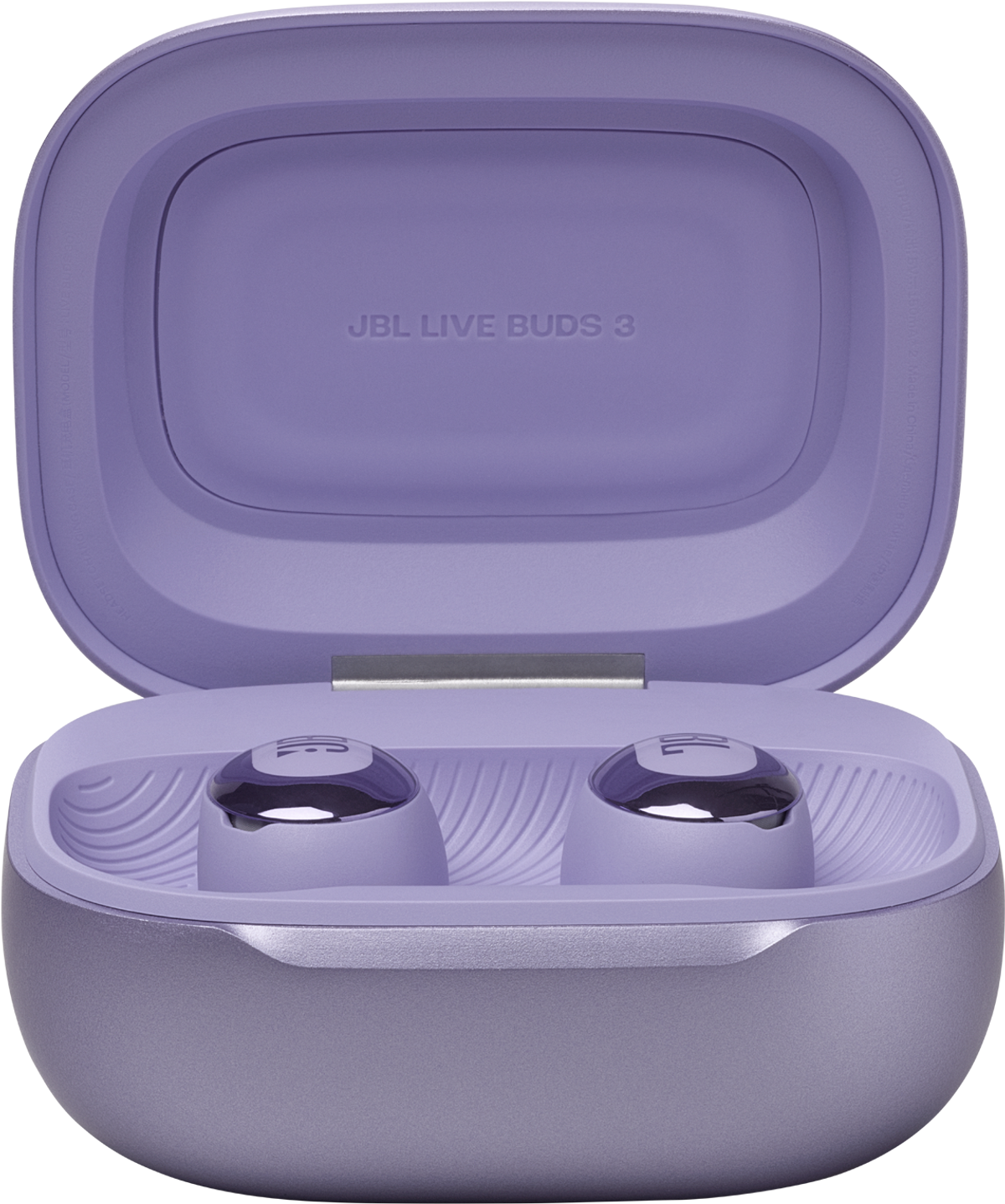 Ein lilafarbenes Ladecase mit JBL Live Buds 3 Ohrhörern.