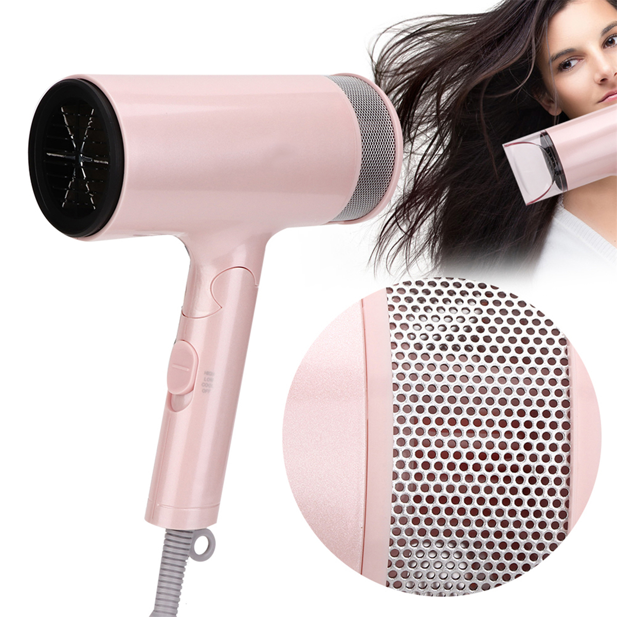 Ein rosa Haartrockner mit einer Frau, die sich die Haare trocknet. Nahaufnahme des Metallgitters des Trockners.