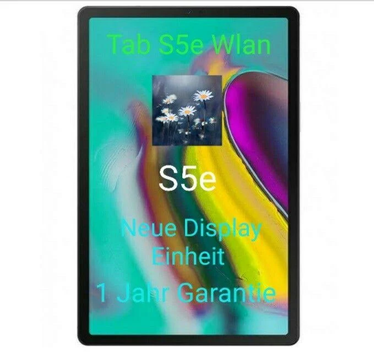 Schwarzes Tablet mit farbenfrohem Bildschirm, auf dem Text steht, darunter 'Tab S5e WLAN' und 'S5e'.