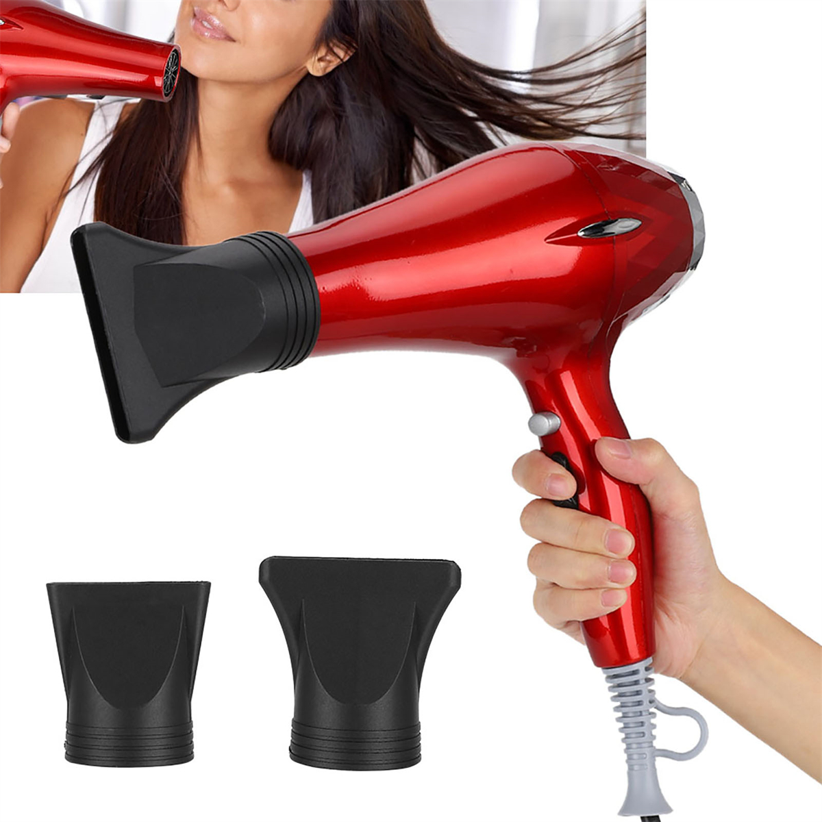 Roter Haartrockner mit zwei schwarzen Düsen, Hand hält den Trockner, Haare wehen.