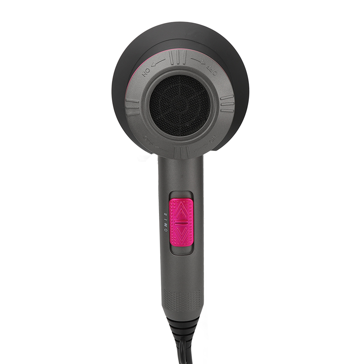 Haartrockner mit grauem Gehäuse und pinkfarbener Taste, Draufsicht.