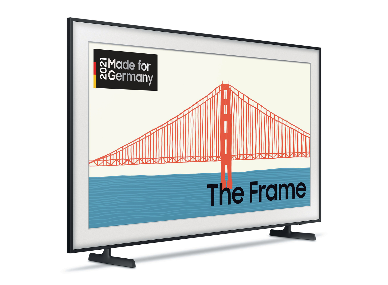 Rama telewizora ze zdjęciem mostu. Czarna rama, białe tło.