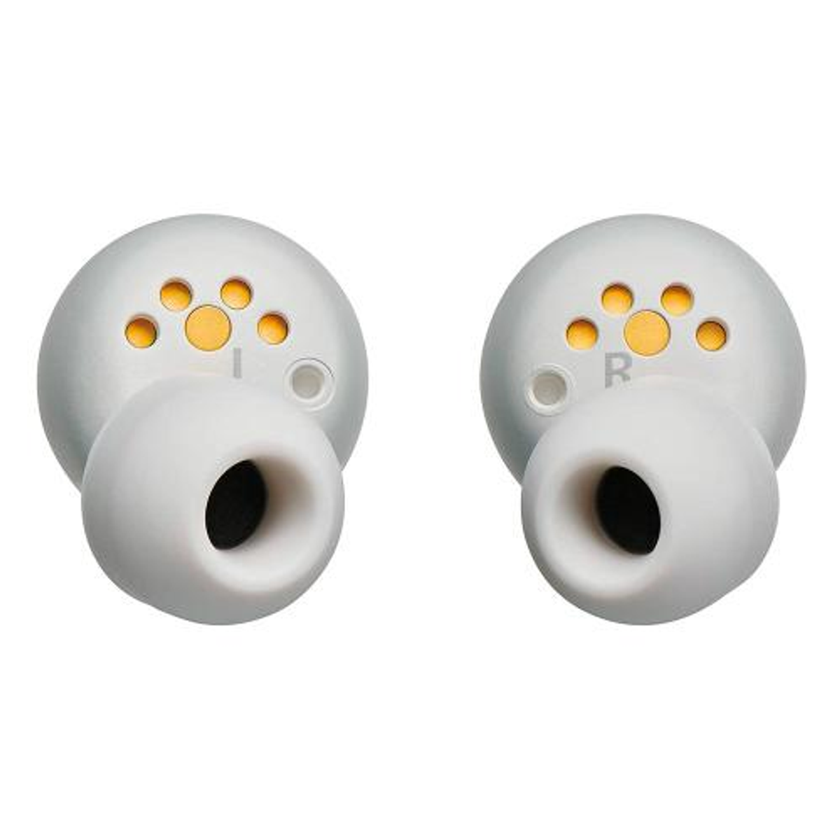 Dos auriculares grises. Cada uno tiene un patrón amarillo-naranja y las letras 'L' y 'R'.